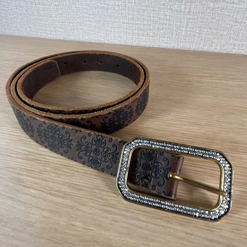 Women XXL Italian Leather Belt Brown Floral Rhinestone Buckle Western Boho Y2K